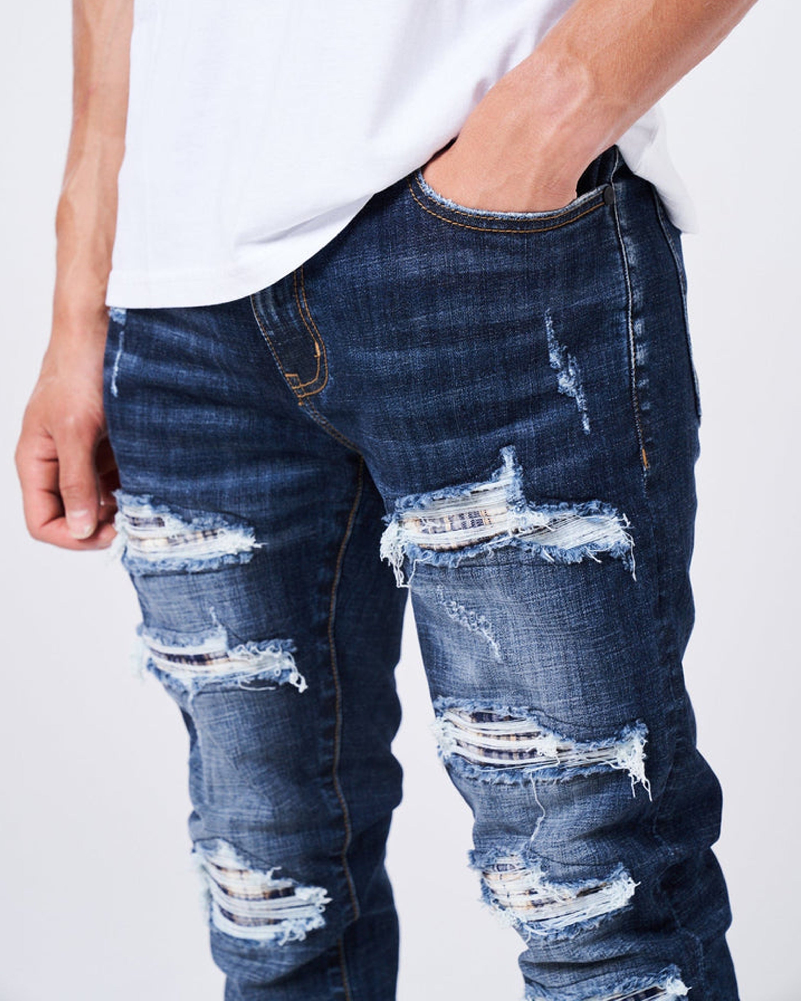 Biella Premium Slim Fit Rip and Repair Bandana Denim Spijkerbroek