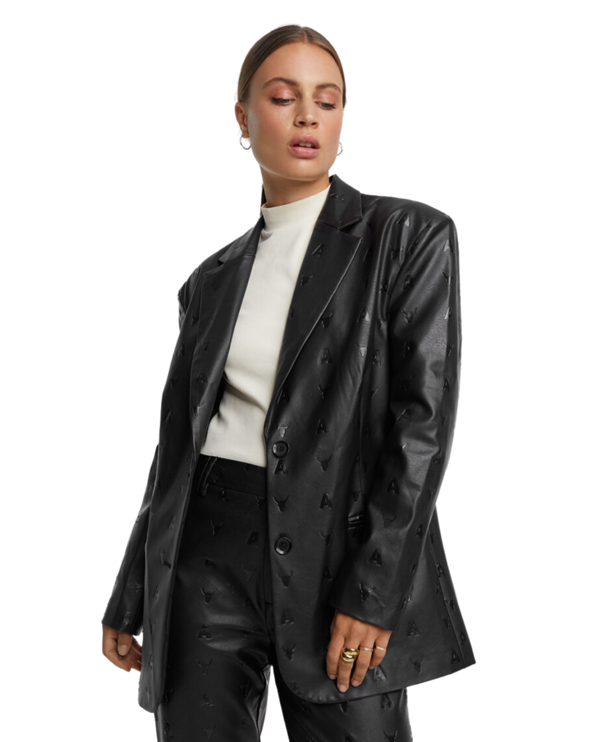 Logo Faux Leather Oversized Blazer