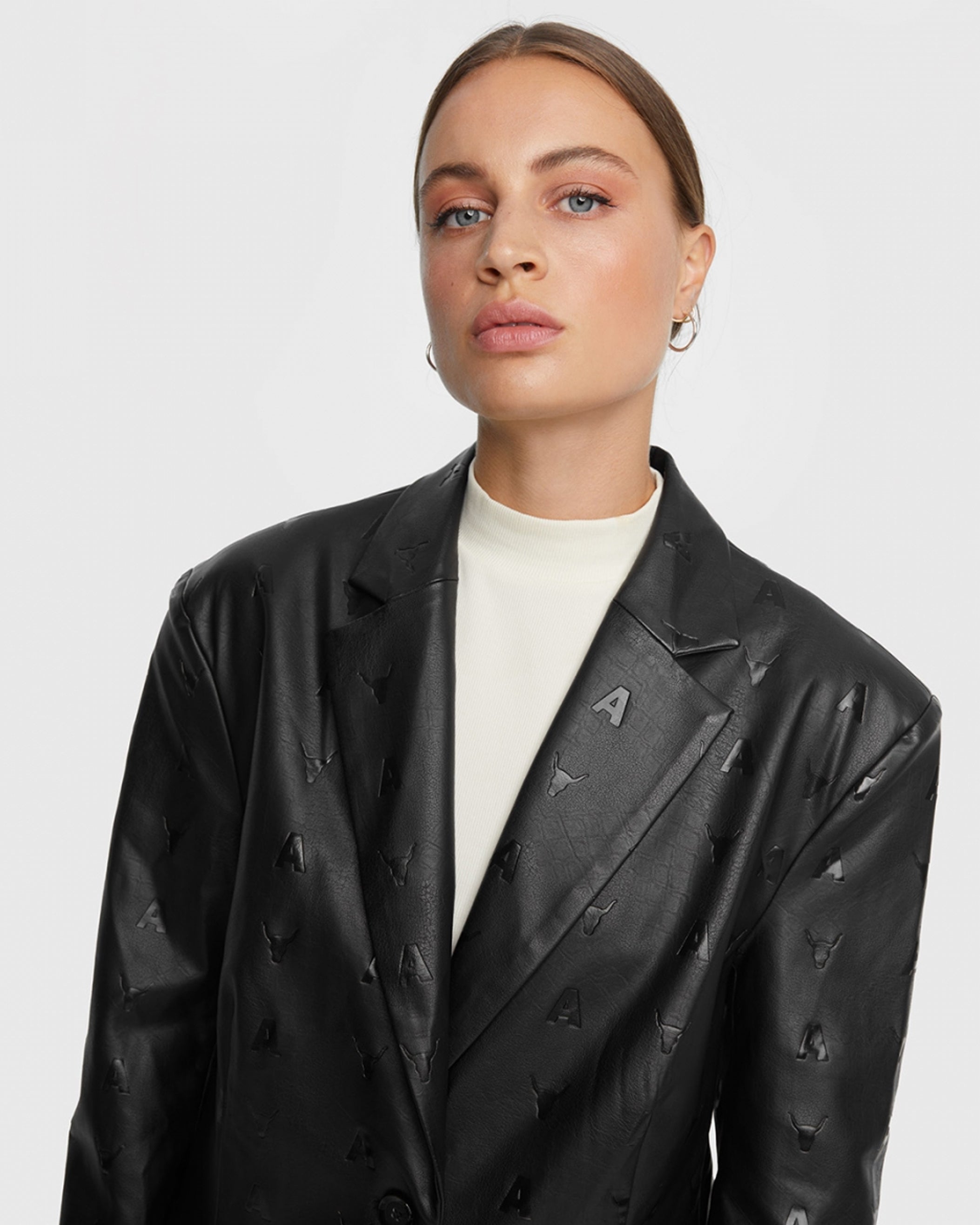 Logo Faux Leather Oversized Blazer