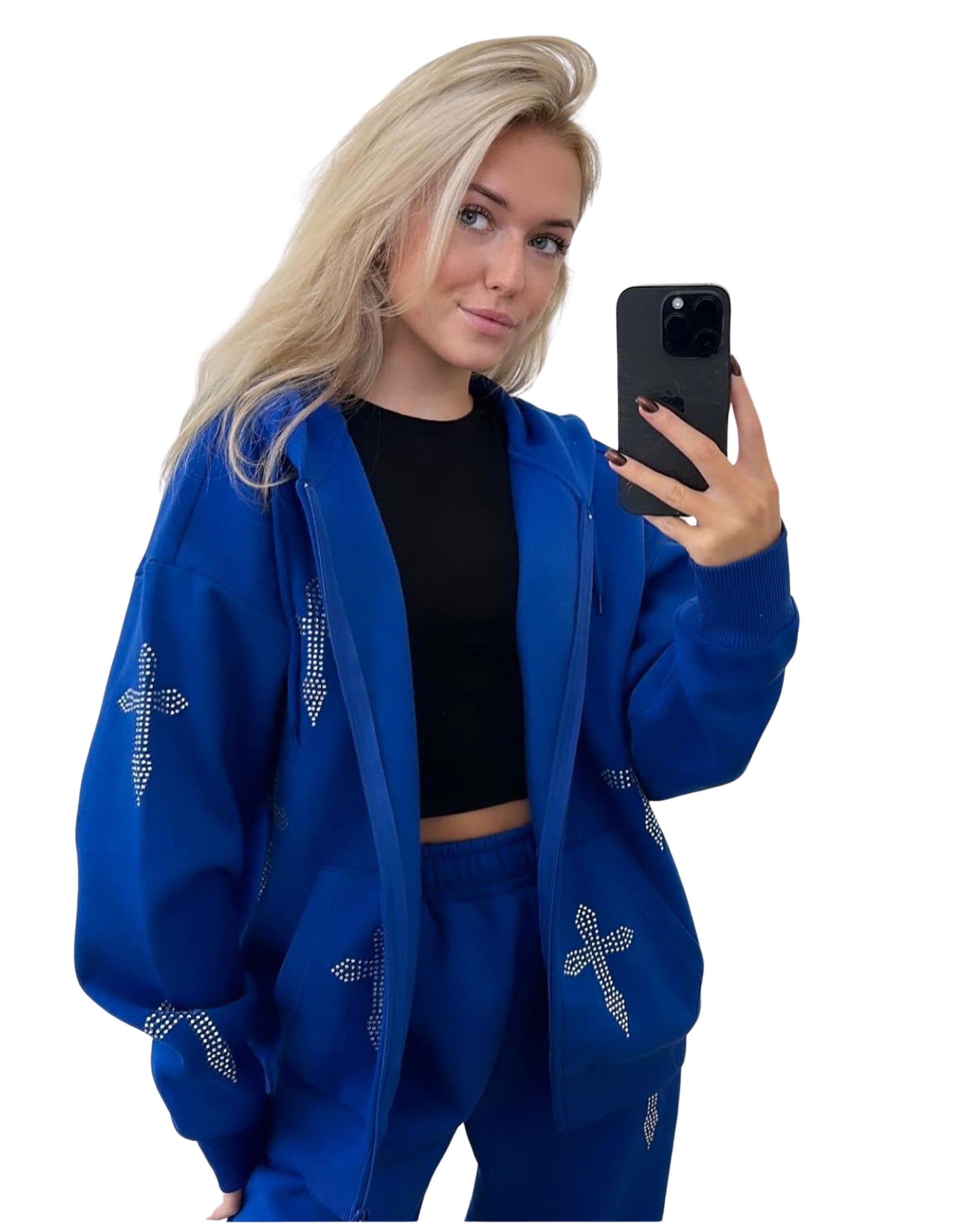 Rhinestone Cross Zip Up Hoodie Royal Blue
