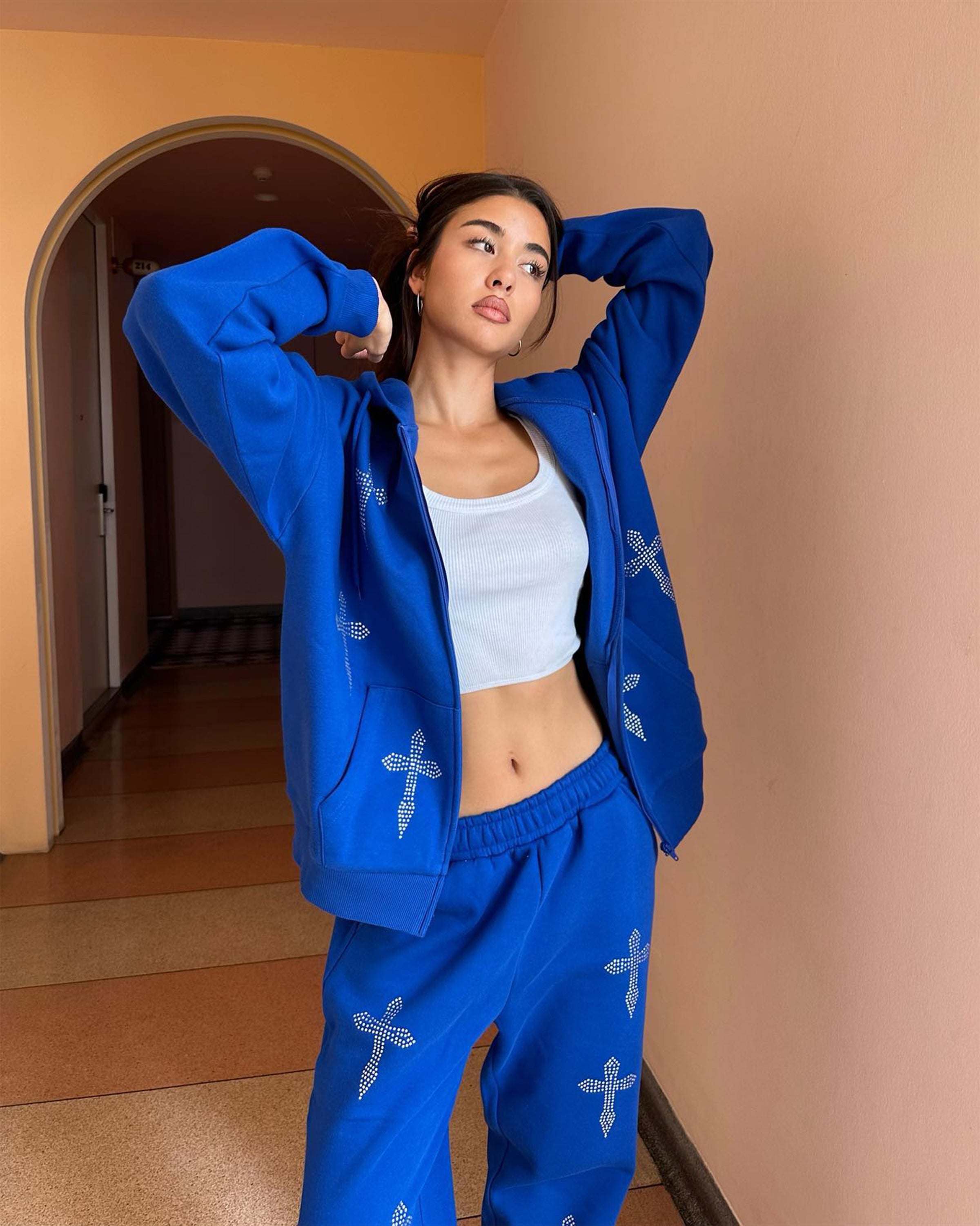 Rhinestone Cross Zip Up Hoodie Royal Blue