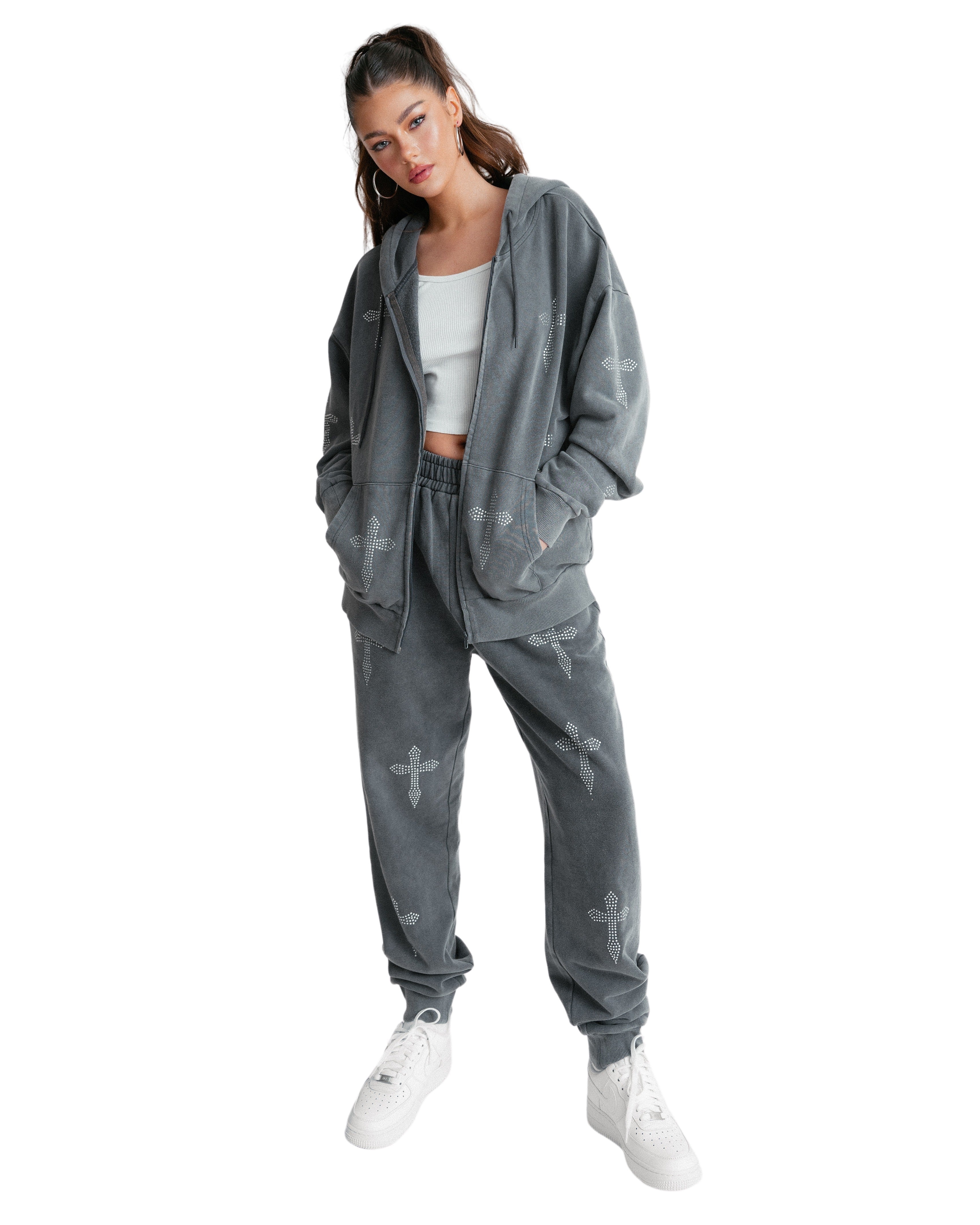 Rhinestone Cross Zip Hoodie Acid Grey