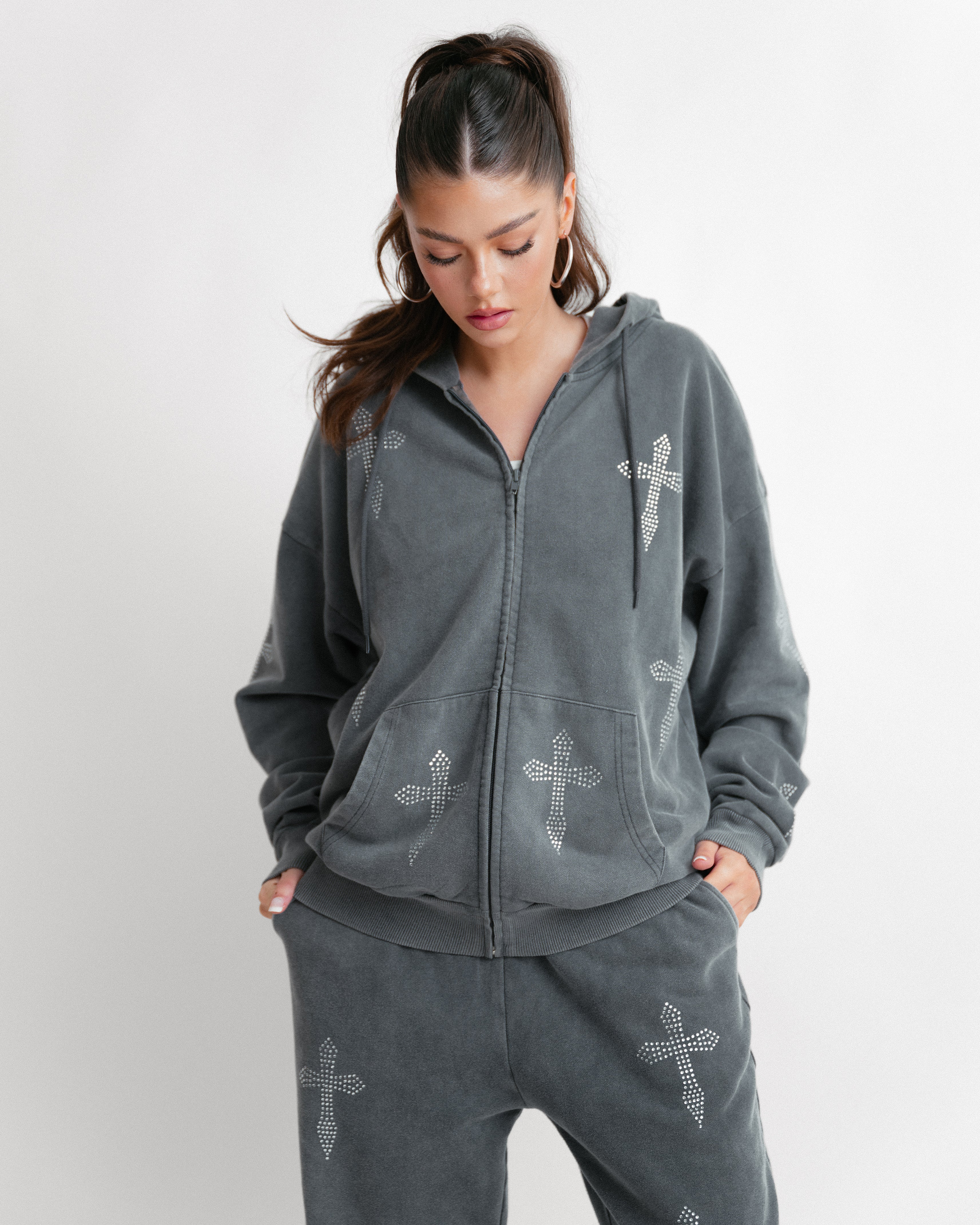 Rhinestone Cross Zip Hoodie Acid Grey