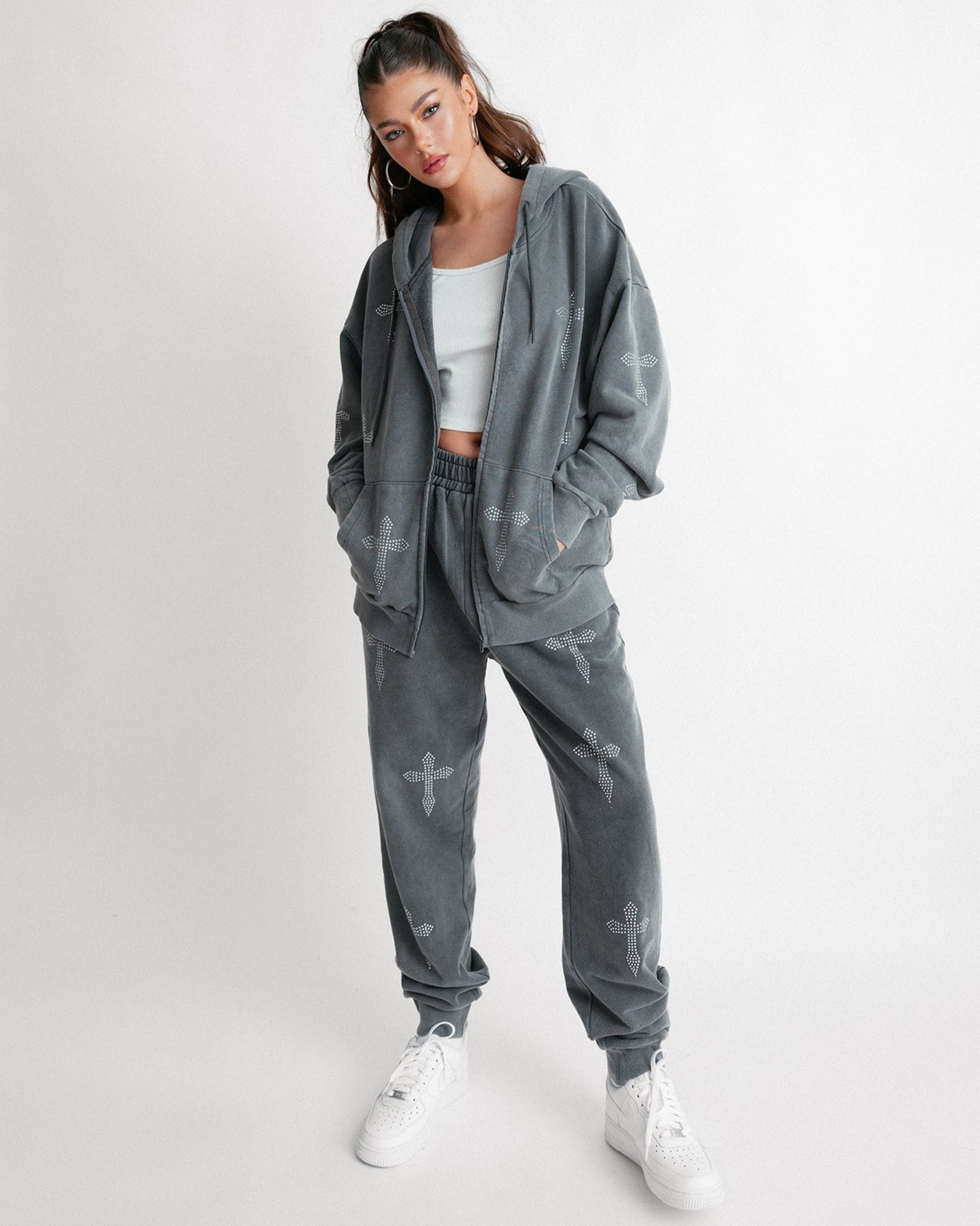 Rhinestone Cross Joggingbroek Grey