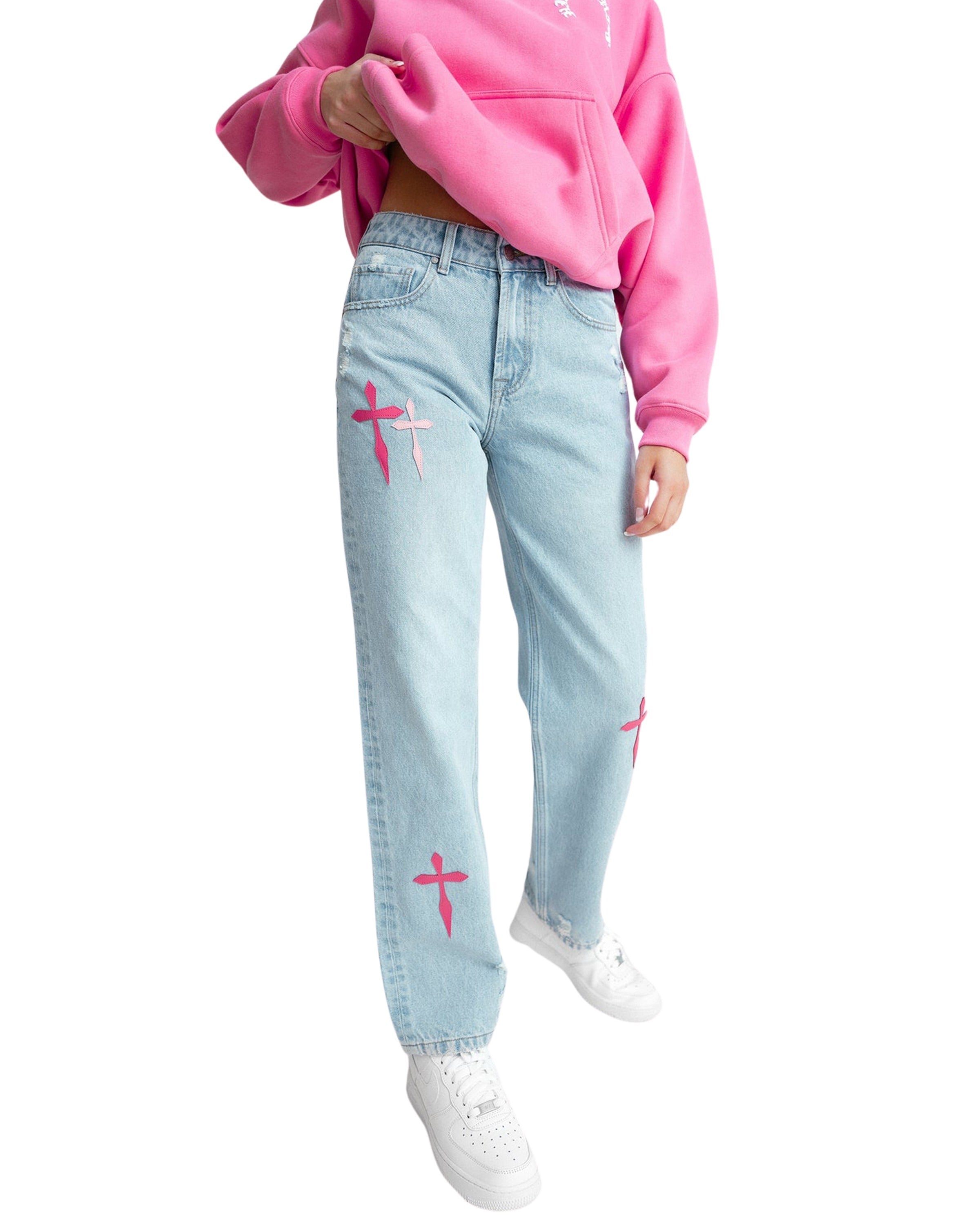 Pink Mid Waist Cross Patch Jeans