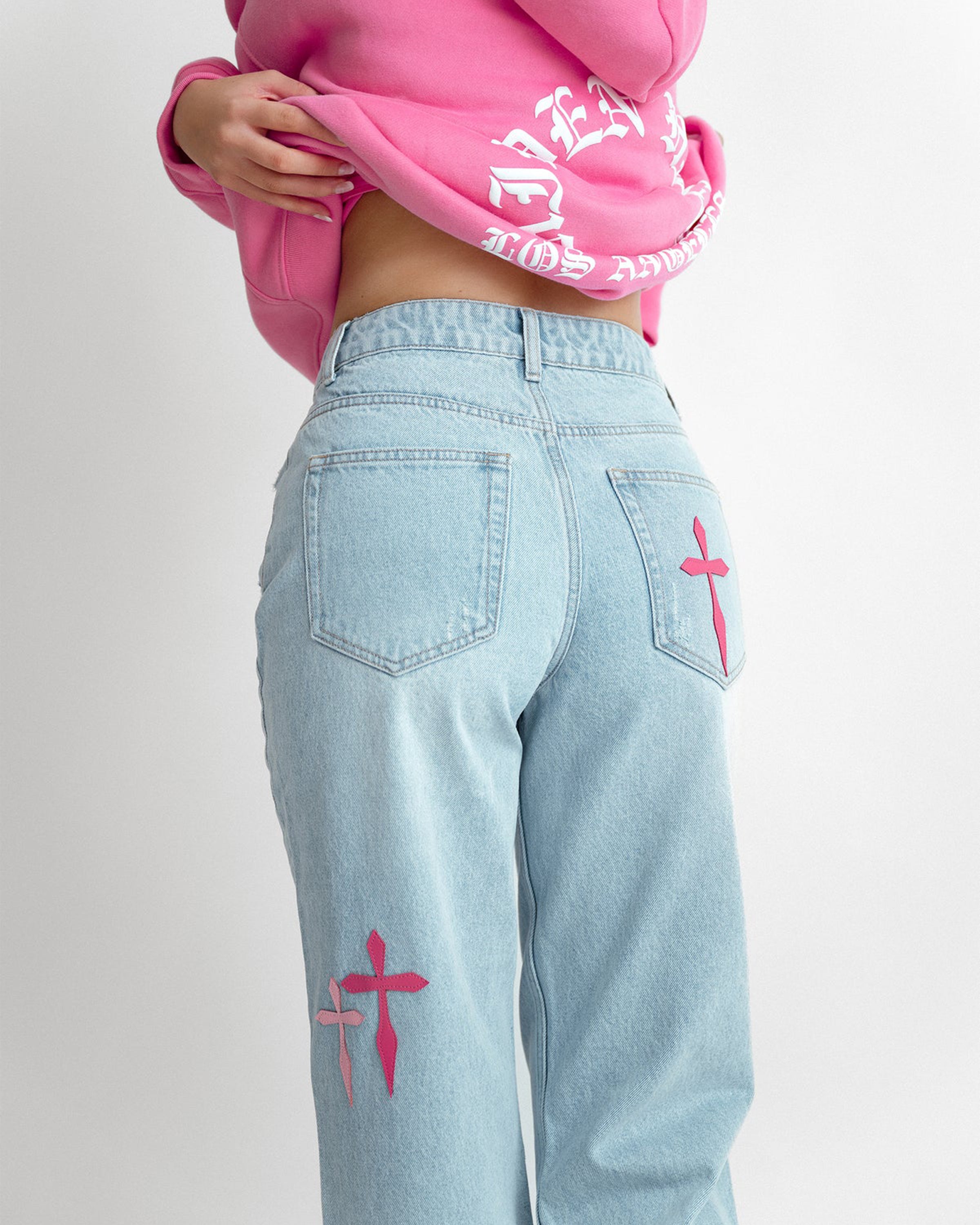 Pink Mid Waist Cross Patch Jeans