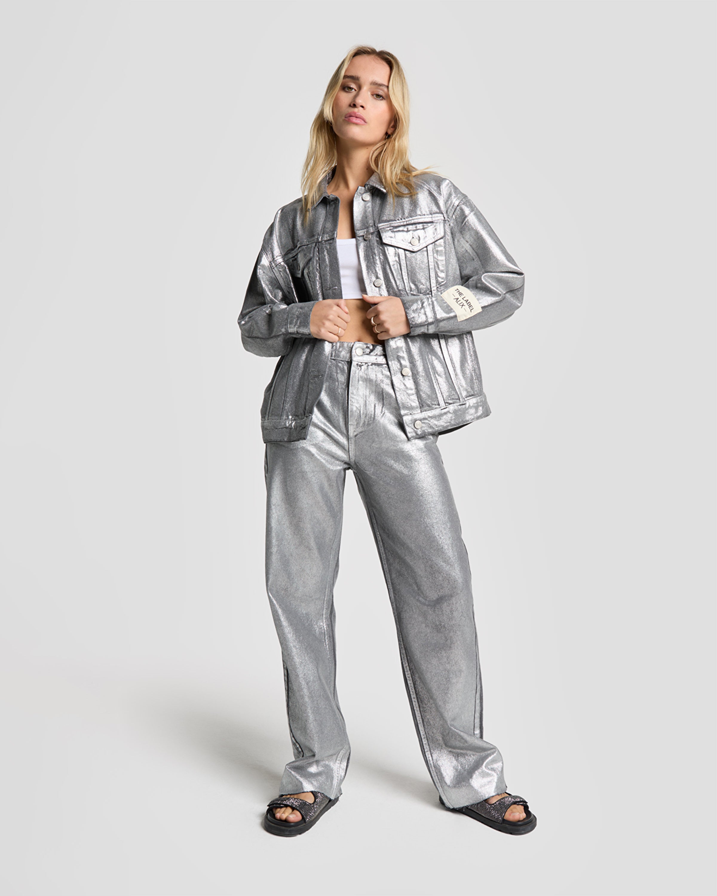 Woven Silver Denim Broek