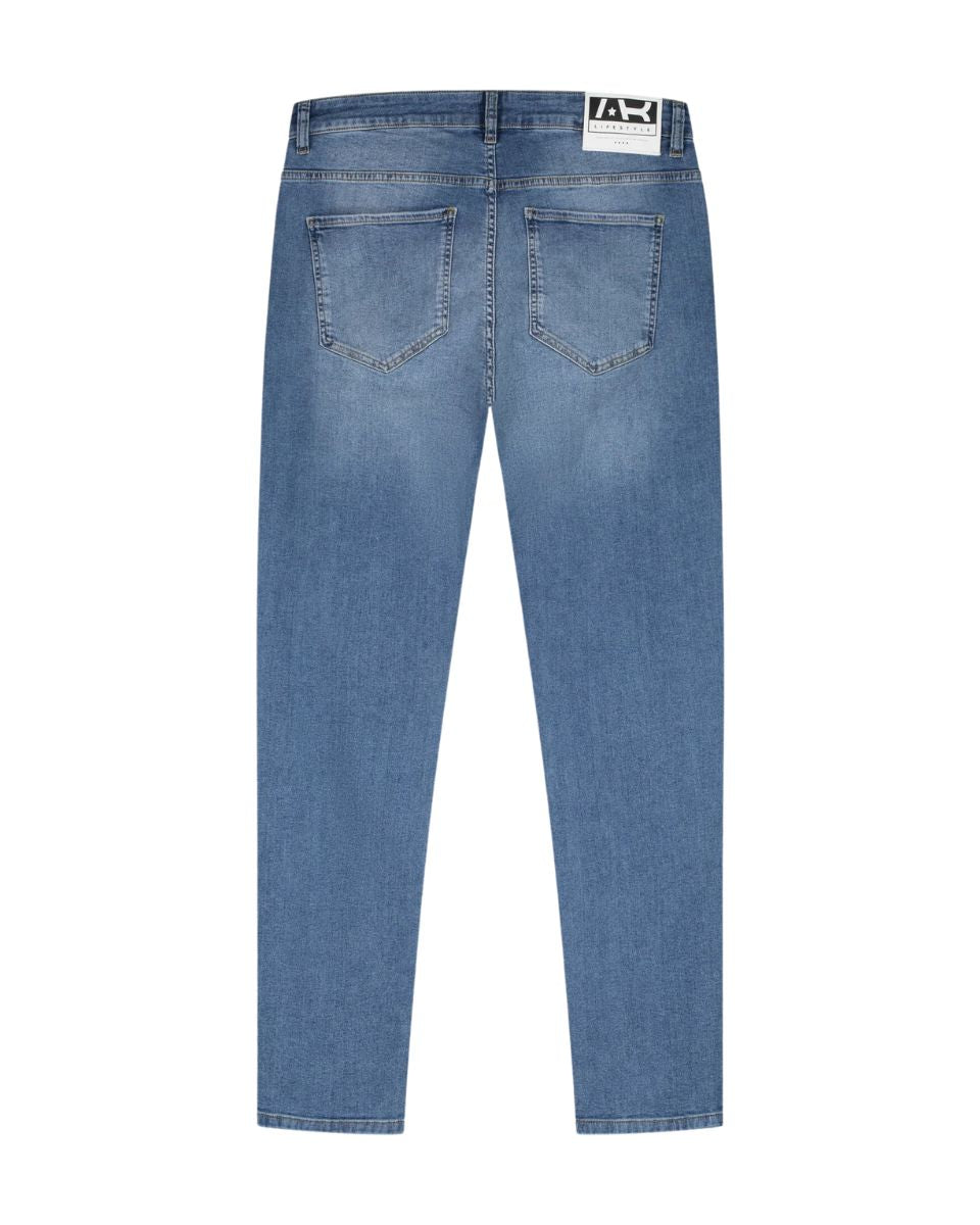 Denim Mid Blue Plain Low Destroyed Jeans