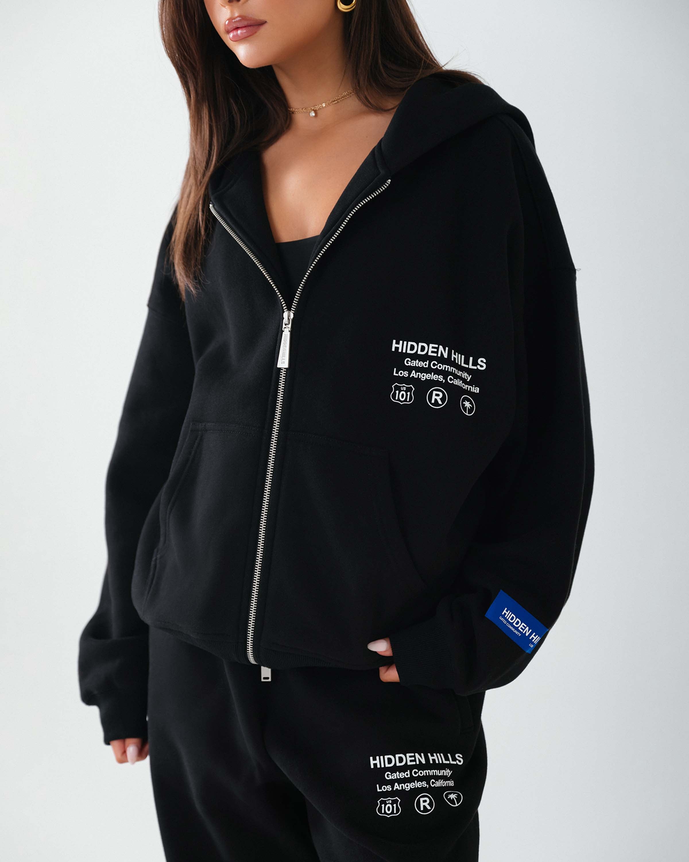 Label Zip Hoodie Black
