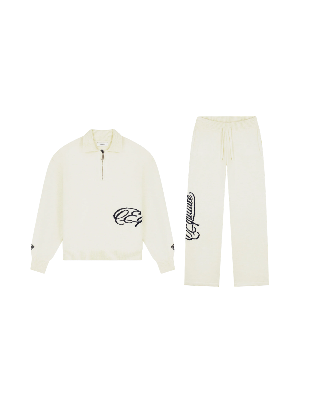 Off White Fluffy Knit Quarter Zip Set