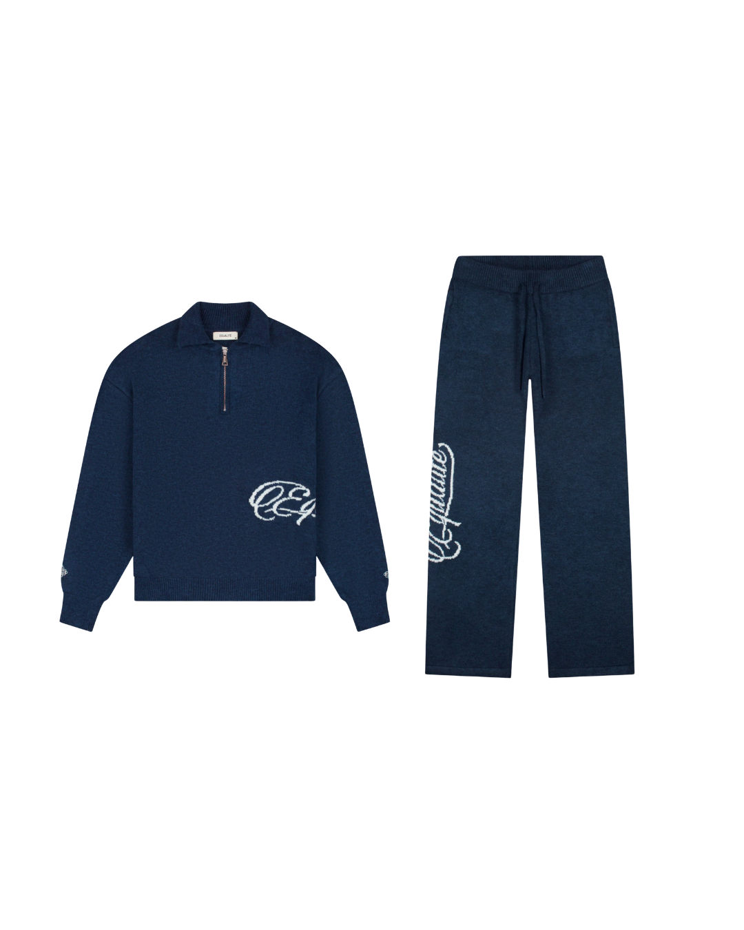 Blue Fluffy Knit Quarter Zip Set