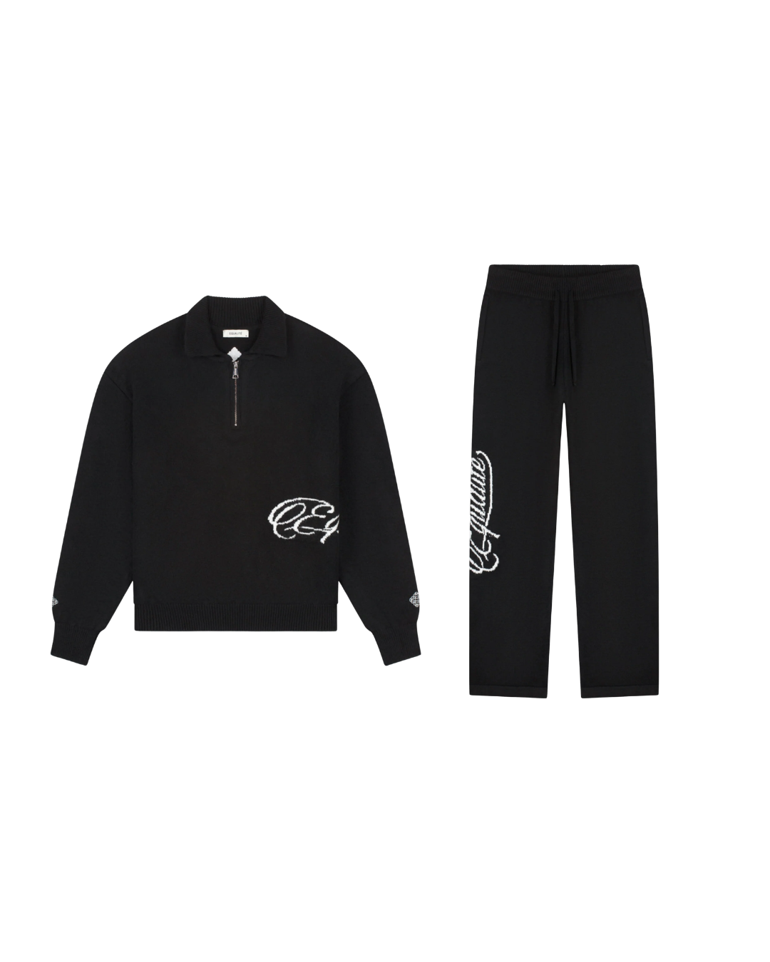 Black Fluffy Knit Quarter Zip Set