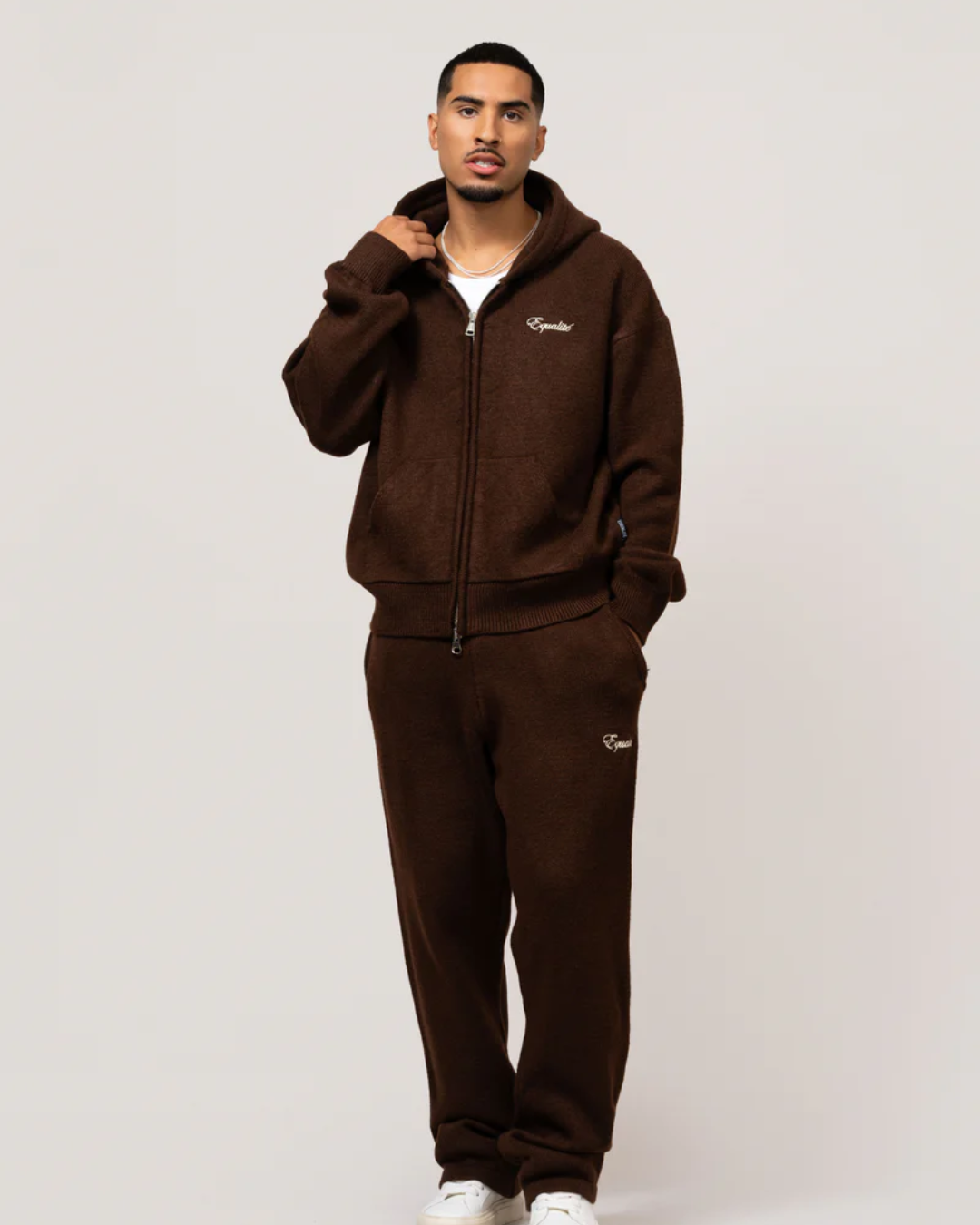 Fluffy Knit Full Zip Set Brown